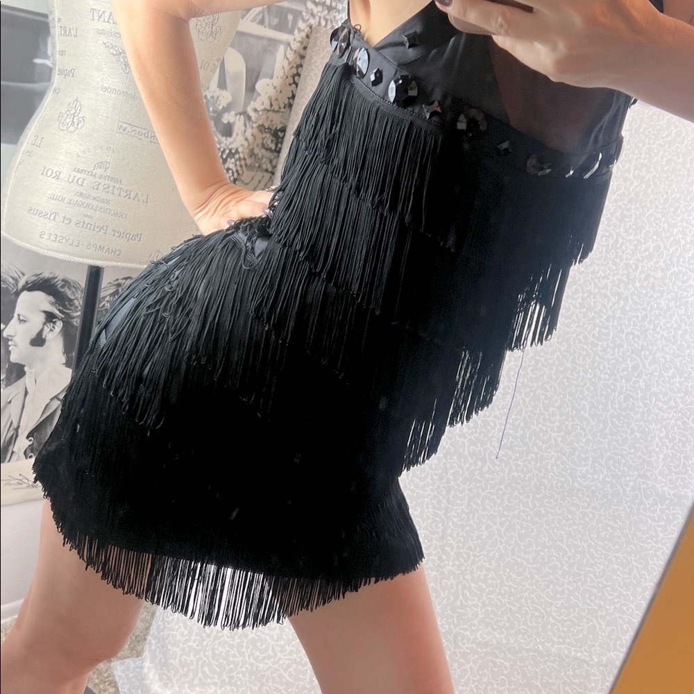 Arden B Black Fringe Mini Dress with Sequin Trim